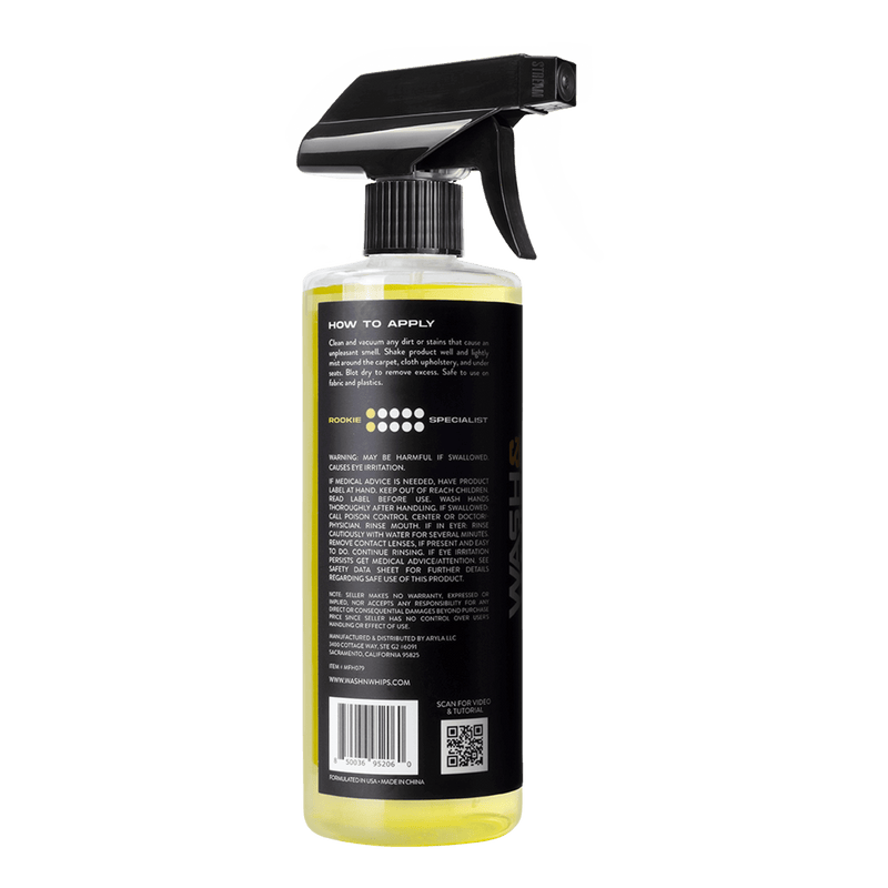 ギャラリービューアに画像をロードする, 16oz WASH&WHIPS Musk Odor Eliminator spray bottle, yellow liquid with black instructional label, isolated on black.