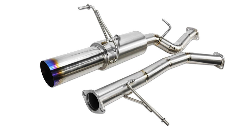 Load image into Gallery viewer, ISR titanium single exhaust system for Nissan 240sx S13. New, polished steel with blue burnt titanium exhaust tip.
