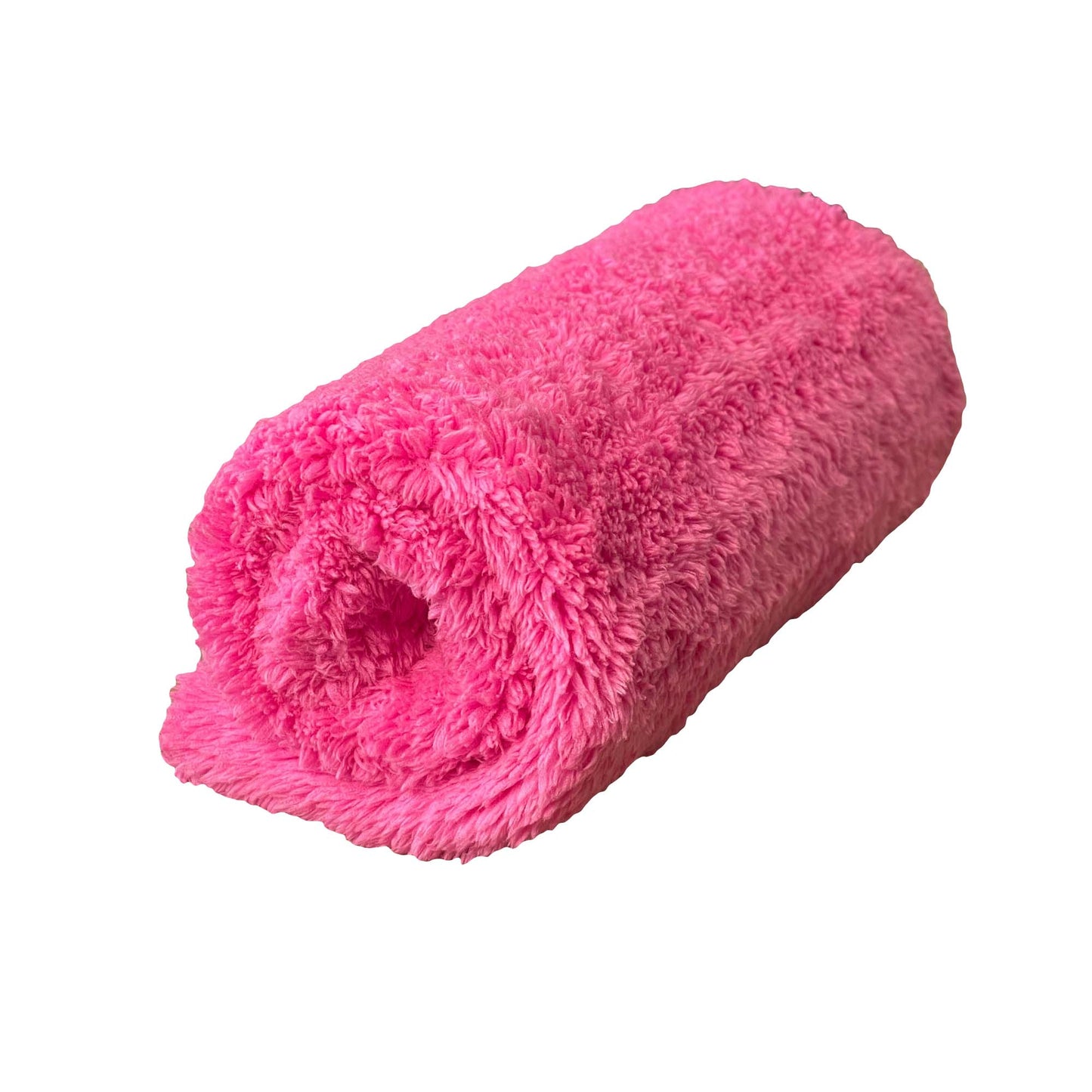 WASH&WHIPS Edgeless Microfiber Coral Fleece with Ultrasonic Edge 3 Pack rolled towel in bright pink color.