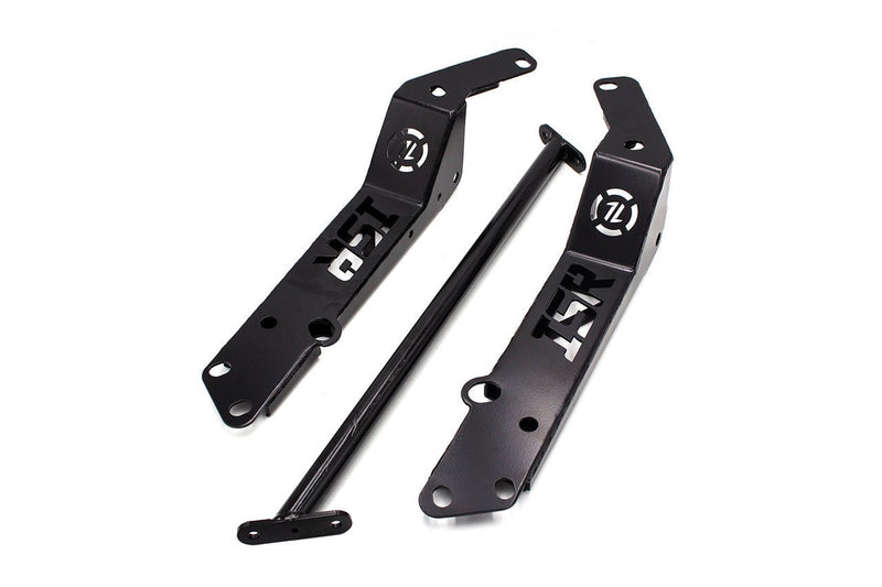 Load image into Gallery viewer, ISR Performance black front tension rod power brace for Nissan 240sx S14, showing two brackets and a support bar.