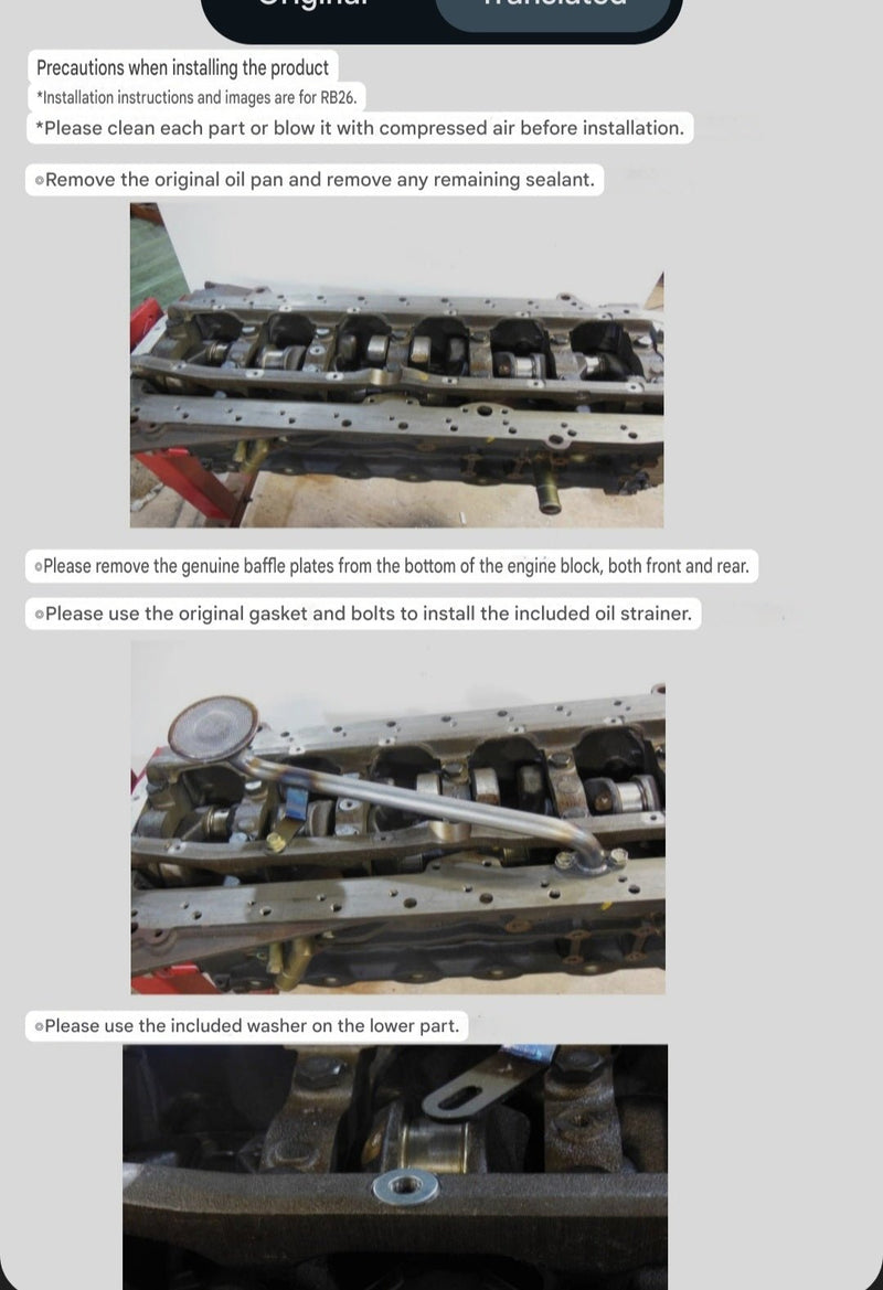 Load image into Gallery viewer, JHK cast rear sump oil pan conversion for Nissan RB20/25/26 engines showing installation steps on an engine block.