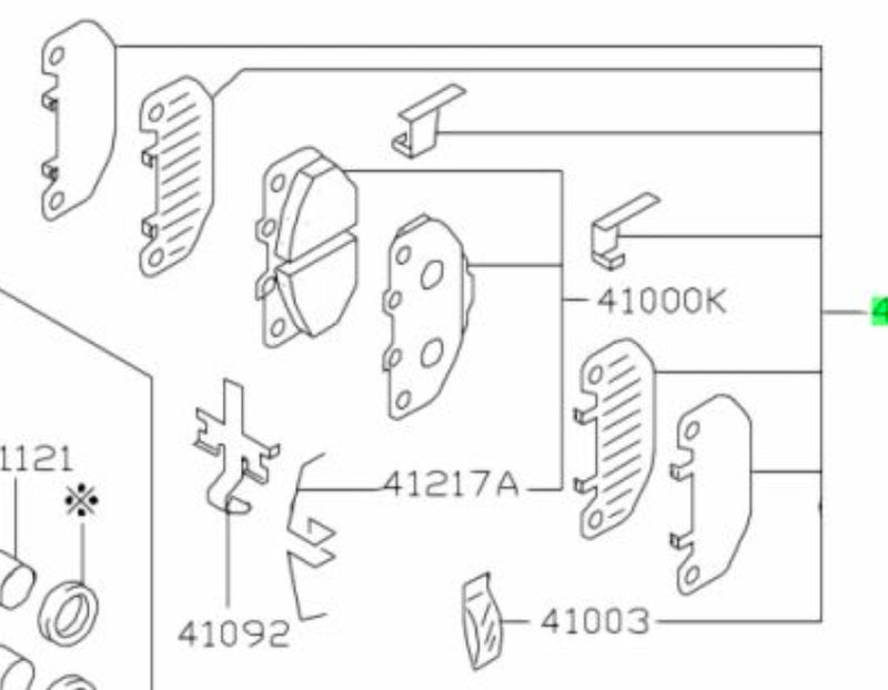 Load image into Gallery viewer, OEM black and white technical diagram of Nissan R33 GTS/R34 GTT front brake pad hardware kit components.