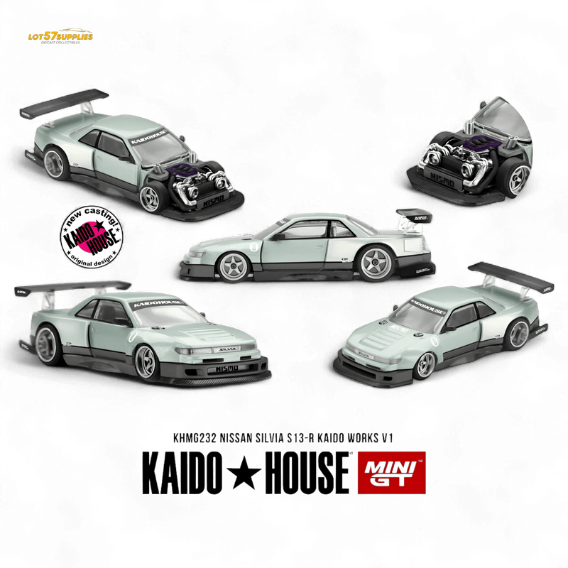 Load image into Gallery viewer, Kaido House 1:64 Nissan Silvia S13-R diecast model in metallic mint green with open hood and custom Nismo body kit.