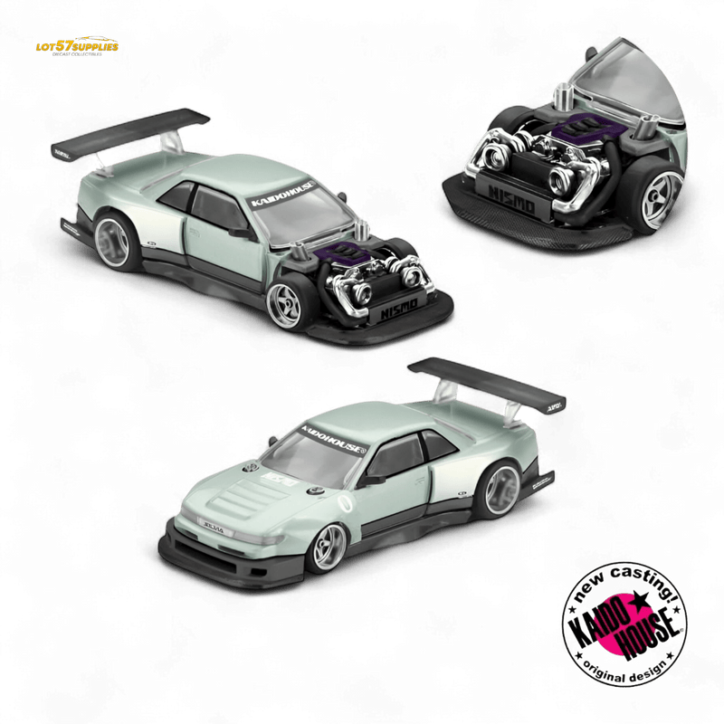 Load image into Gallery viewer, Kaido House 1:64 Nissan Silvia S13-R diecast model in light green with visible engine detail and large rear wing.