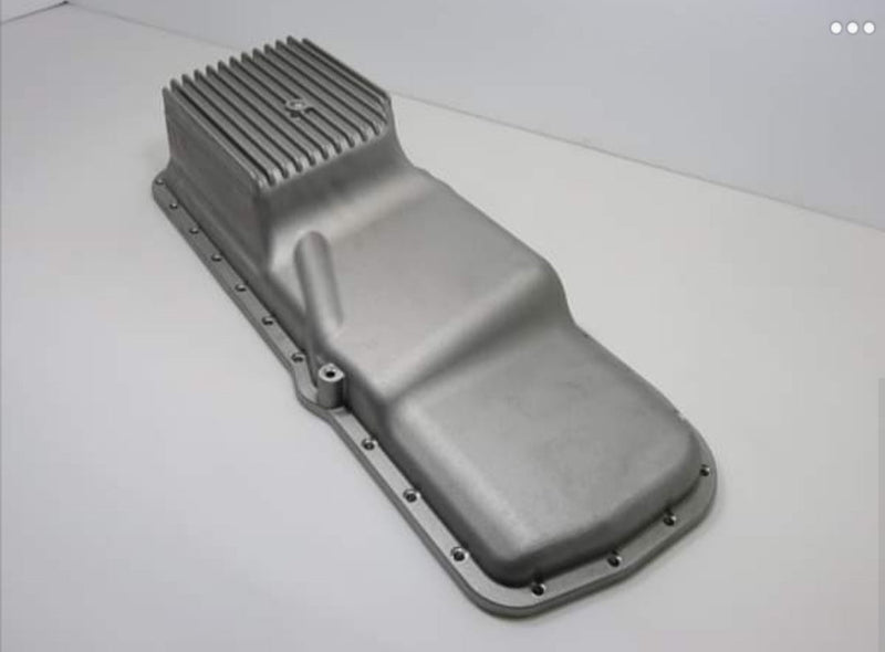 Load image into Gallery viewer, New silver cast aluminum rear sump oil pan for Nissan RB engines, designed for chassis conversions.