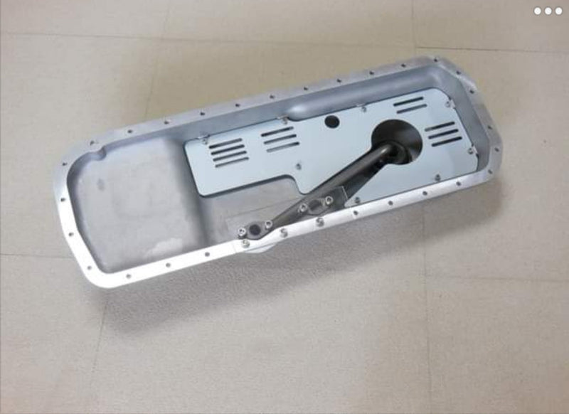 Load image into Gallery viewer, JHK cast rear sump oil pan for RB20/25/26 engines. Silver metal finish with interior baffle and pickup tube.