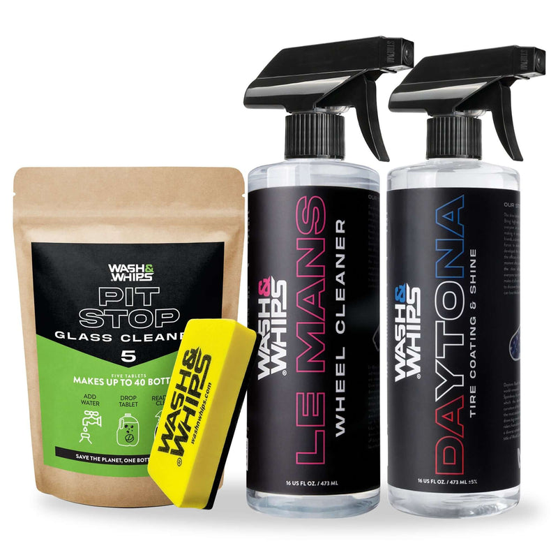 ギャラリービューアに画像をロードする, WASH&WHIPS detailing kit with glass cleaner pouch, yellow sponge, Le Mans wheel cleaner, and Daytona tire shine.
