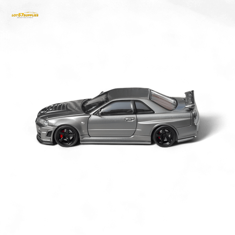 Load image into Gallery viewer, 1:64 scale Gun Grey Nissan Skyline R34 GT-R Nismo Z-Tune diecast model car, side profile.