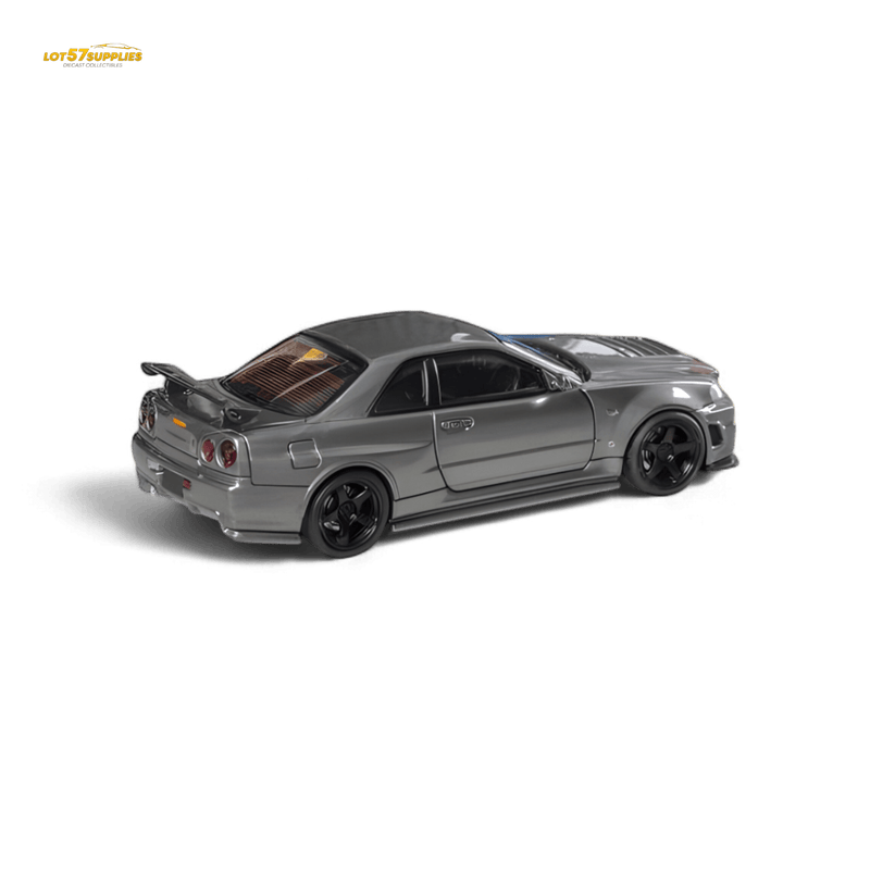 Load image into Gallery viewer, 1:64 scale Gun Grey Nissan Skyline R34 GT-R Nismo Z-Tune diecast model car, rear three-quarter view.