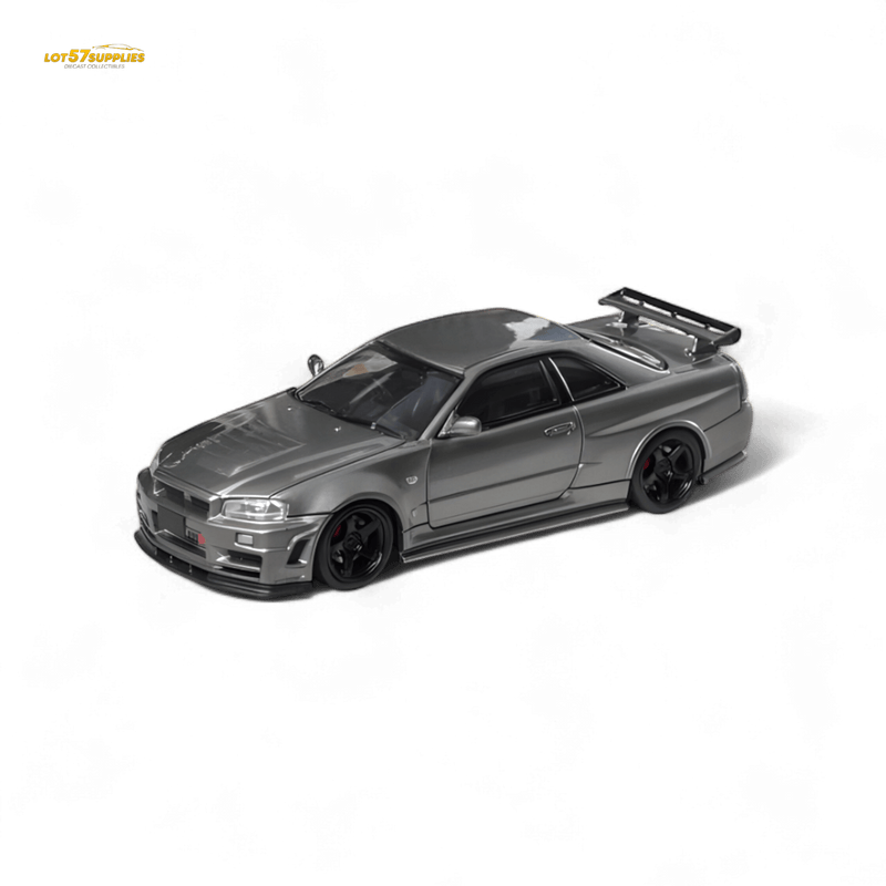 Load image into Gallery viewer, Gun grey 1:64 scale Nismo Z-Tune Nissan Skyline R34 GT-R diecast model car with black wheels on a black background.