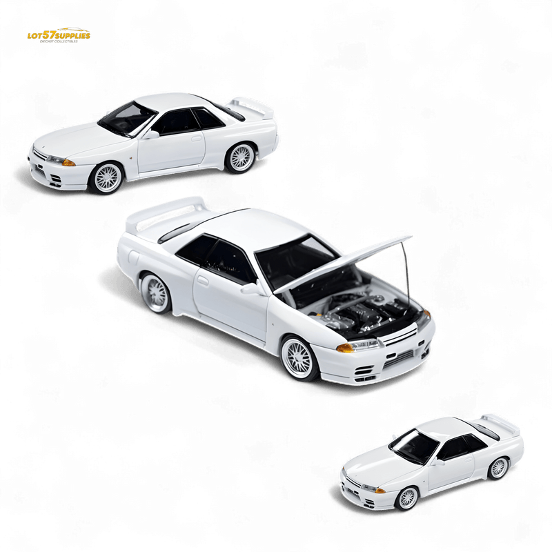 Load image into Gallery viewer, 1:64 scale white Nissan Skyline GT-R R32 Nismo S-Tune diecast model with opening hood and detailed engine bay.