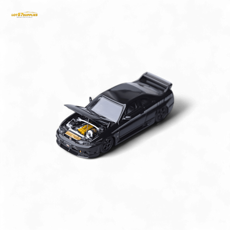 Load image into Gallery viewer, 1:64 scale black Nissan Skyline GT-R R33 Nismo 400R diecast model with open hood revealing yellow engine details.
