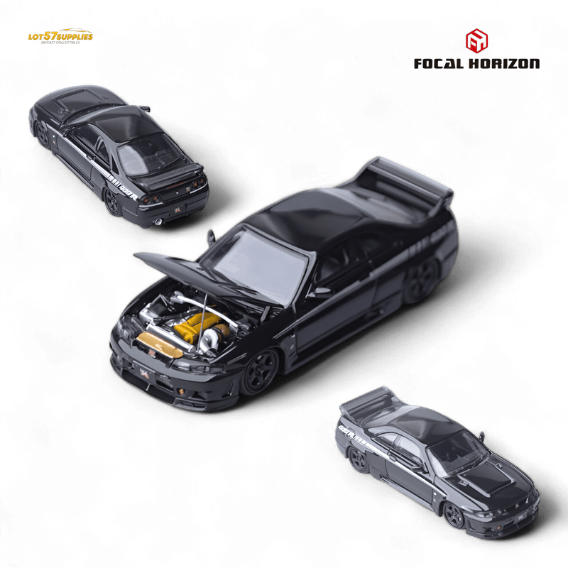 Load image into Gallery viewer, 1:64 scale black Nissan Skyline GT-R R33 Nismo 400R diecast model with open hood revealing yellow engine detail.
