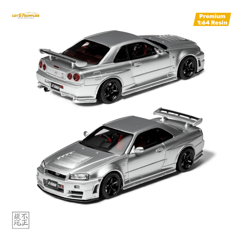 Load image into Gallery viewer, 1:64 scale silver Nissan Skyline GT-R R34 NISMO Z-Tune model car with black wheels and red interior.