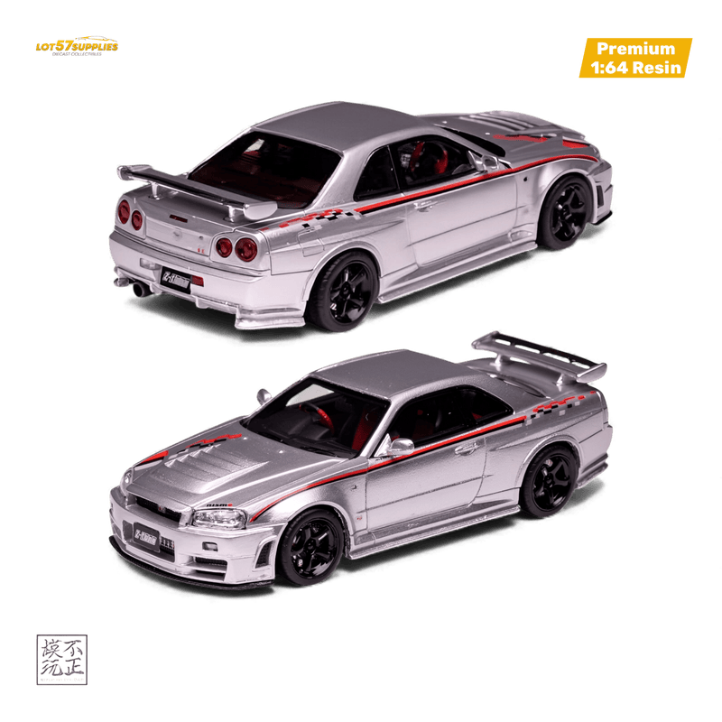 Load image into Gallery viewer, 1:64 scale silver Nissan Skyline GT-R R34 Z-Tune diecast model car with black wheels and red racing stripes.