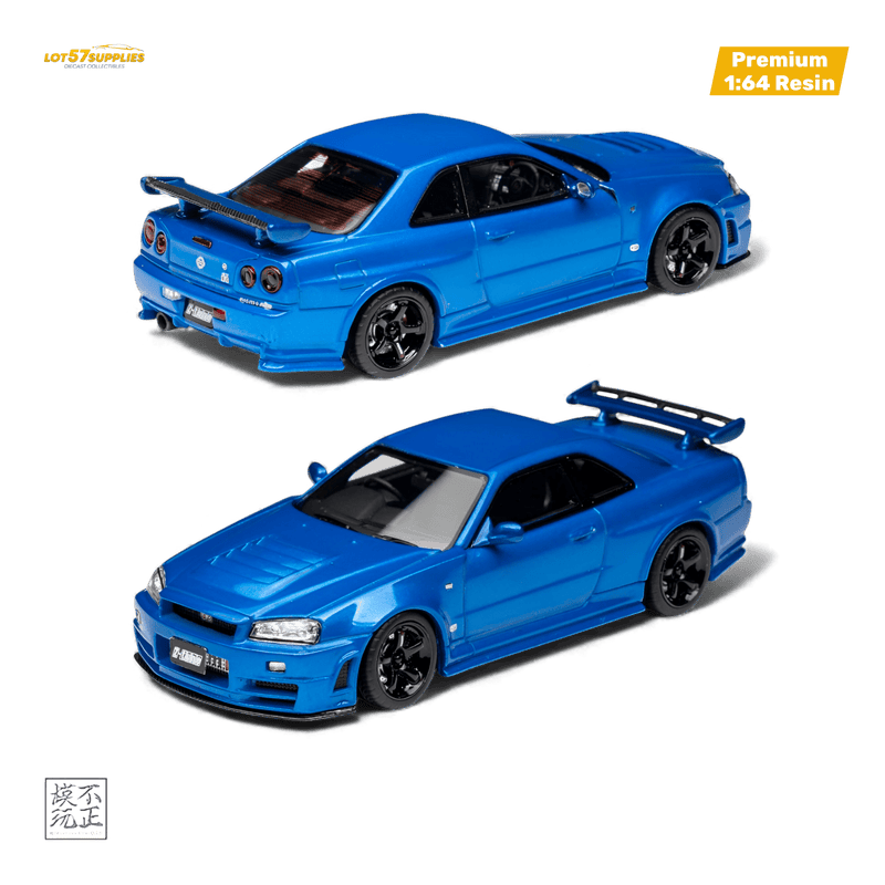 Load image into Gallery viewer, 1:64 scale Nissan Skyline GT-R R34 Z-Tune diecast model in Bayside Blue with black wheels. Front and rear views.