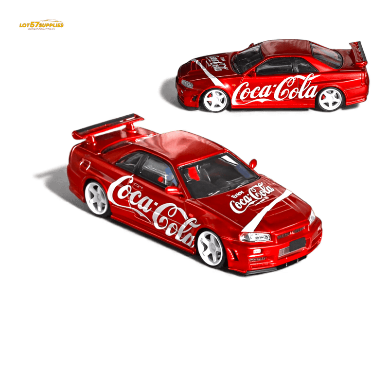 Load image into Gallery viewer, 1:64 Fuji Nissan Skyline R34 GT-R Nismo Z-Tune die-cast car in metallic red with white Coca-Cola livery and white wheels.