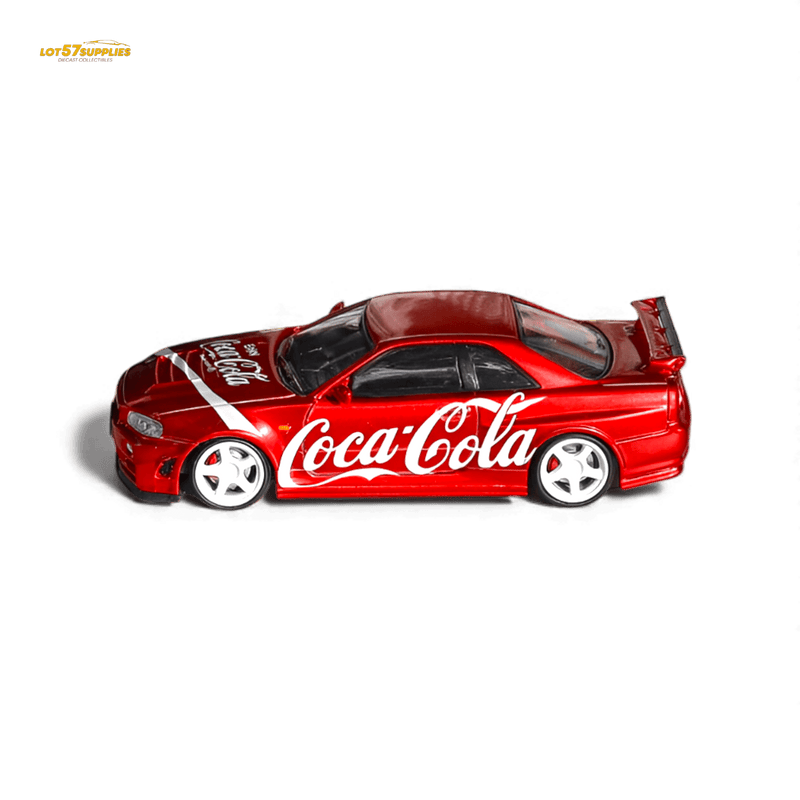 Load image into Gallery viewer, 1:64 scale red Nissan Skyline R34 GT-R Nismo Z-Tune diecast model with Coca-Cola livery and white wheels.