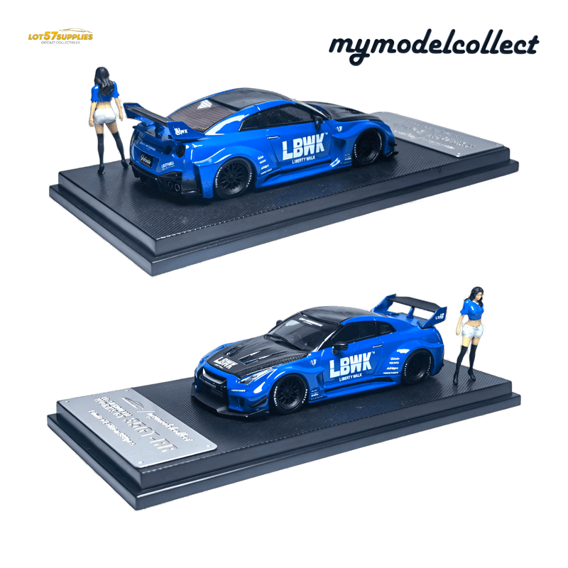 ギャラリービューアに画像をロードする, 1:64 scale blue Liberty Walk Nissan R35 GT-R diecast model with a display base and figure.