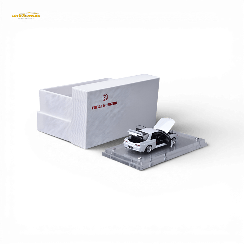 Load image into Gallery viewer, White 1:64 scale Focal Horizon Nissan Skyline GT-R R32 Nismo S-Tune model car with open doors, hood, and trunk.