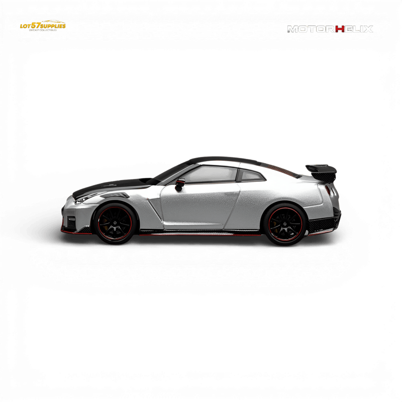 Load image into Gallery viewer, Motorhelix 1:64 scale silver Nissan GT-R NISMO R35 diecast model with carbon fiber hood, black wheels, and red accents.