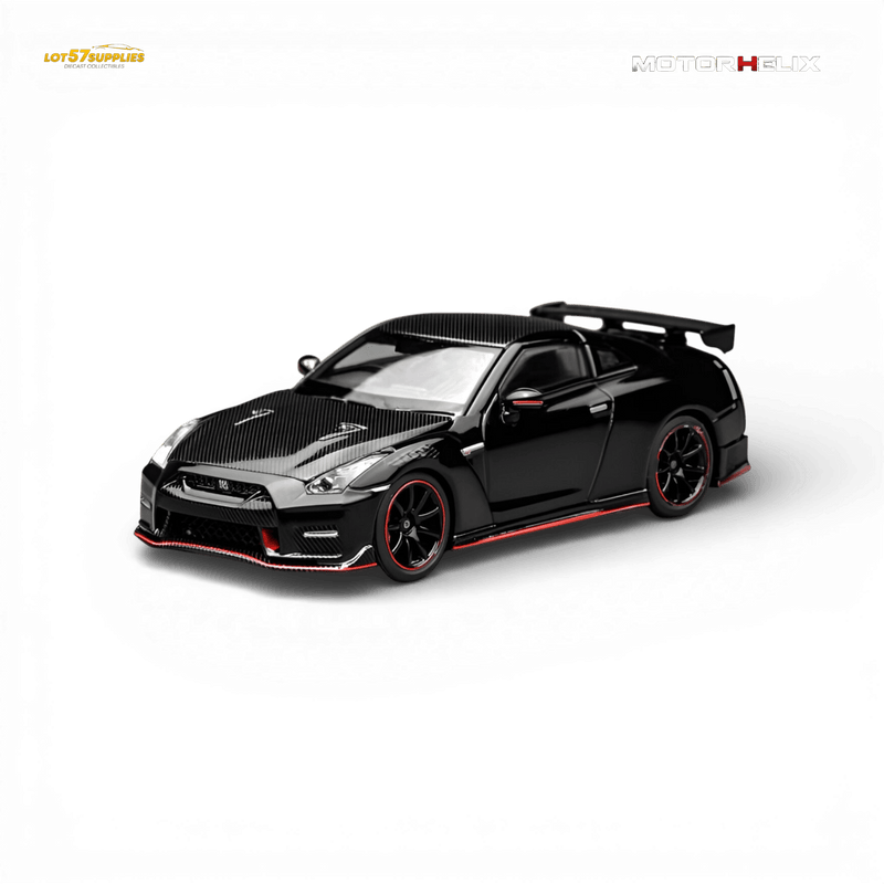 Load image into Gallery viewer, 1:64 scale Motorhelix Nissan GT-R NISMO R35 diecast in Meteor Black with carbon hood and red accents.