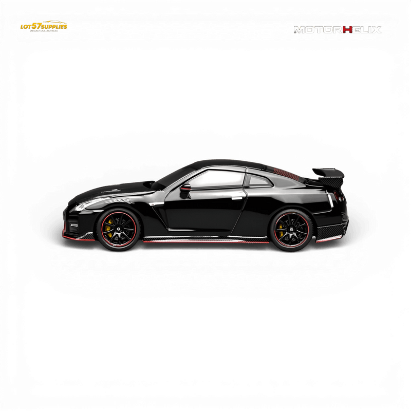 Load image into Gallery viewer, 1:64 scale Motorhelix Nissan GT-R NISMO R35 2022 model in Meteor Black with red-accented wheels and trim.