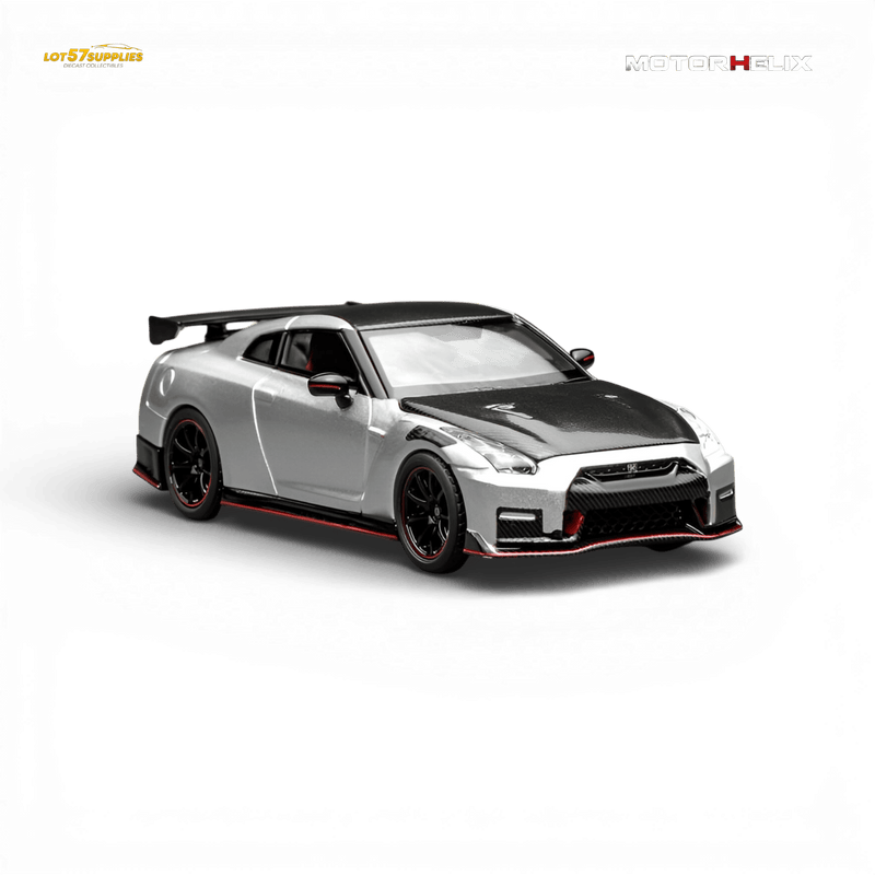 Load image into Gallery viewer, Motorhelix 1:64 scale silver Nissan GT-R NISMO R35 diecast model with carbon fiber hood, roof, and red trim accents.