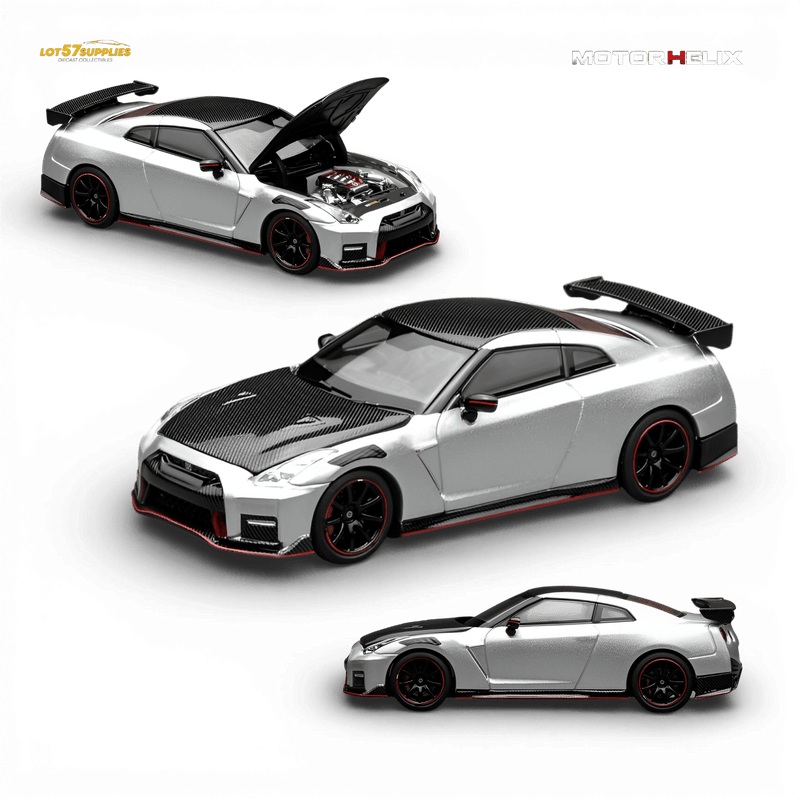 Load image into Gallery viewer, Motorhelix 1:64 Nissan GT-R NISMO R35 diecast model in silver with carbon fiber hood, black wheels, and opening hood.