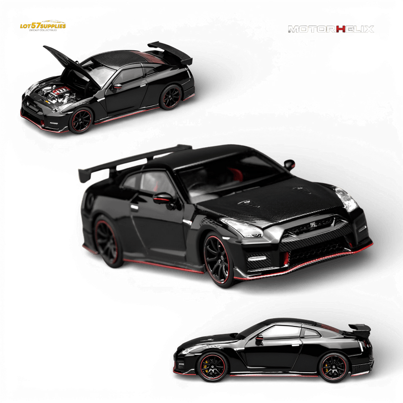 Load image into Gallery viewer, Motorhelix 1:64 Meteor Black 2022 Nissan GT-R NISMO R35 diecast model with carbon fiber hood and red accents.