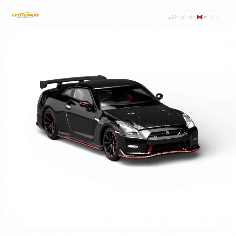 Load image into Gallery viewer, 1:64 scale Motorhelix Nissan GT-R NISMO R35 2022 model in Meteor Black with red accents and carbon fiber hood.