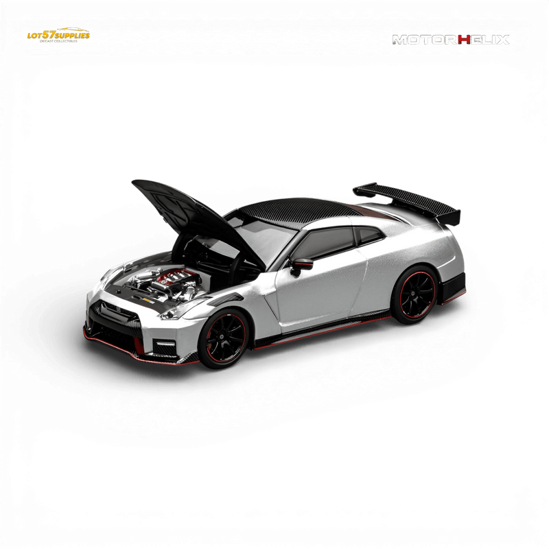 Load image into Gallery viewer, Motorhelix 1:64 scale silver Nissan GT-R NISMO R35 diecast model with open hood, carbon roof, and red trim accents.