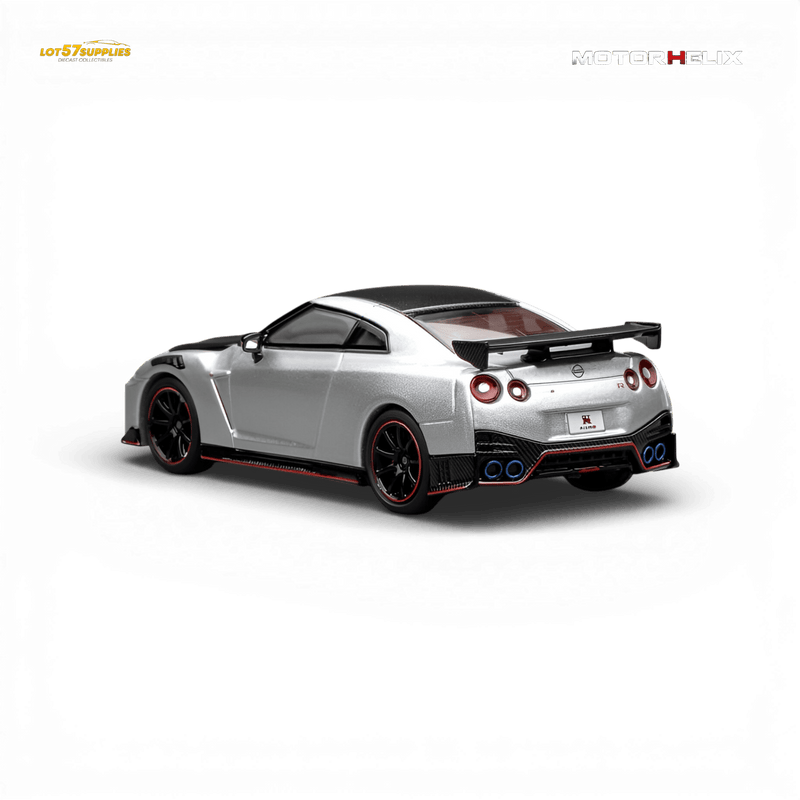 Load image into Gallery viewer, 1:64 Motorhelix Nissan GT-R NISMO R35 diecast model. Silver car with black accents and red trim on black background.