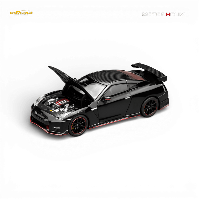 Load image into Gallery viewer, Motorhelix 1:64 Meteor Black Nissan GT-R NISMO R35 diecast model with open hood, carbon fiber roof, and red trim.