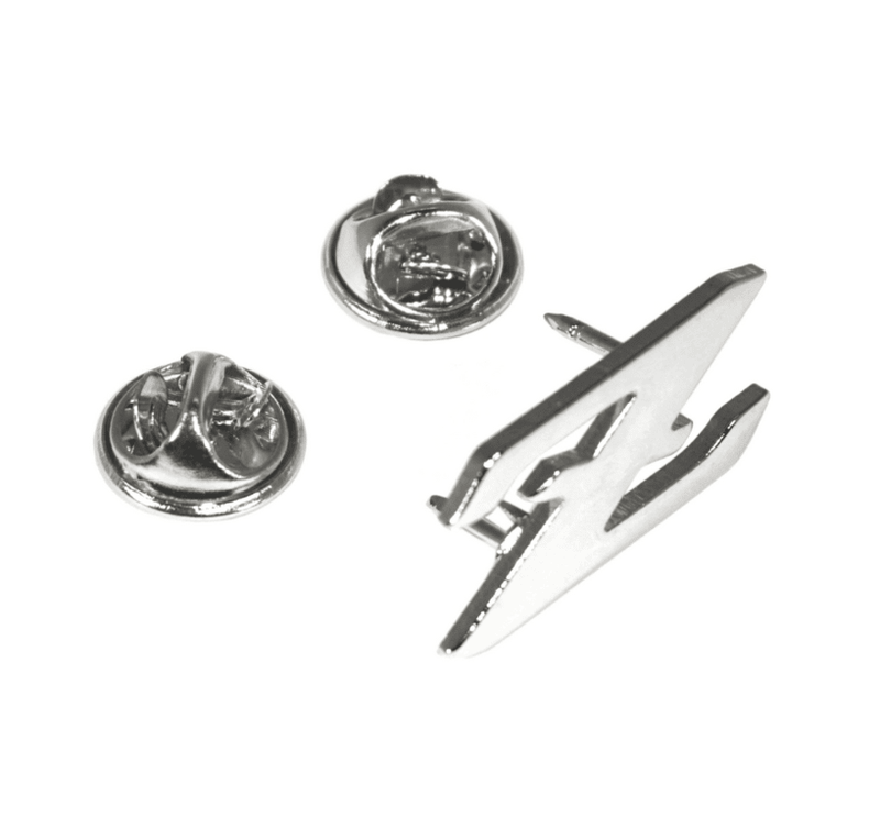 Load image into Gallery viewer, Chrome ZSPEC Nissan Z (RZ34) logo lapel pin with two butterfly clutch backings on a white background.