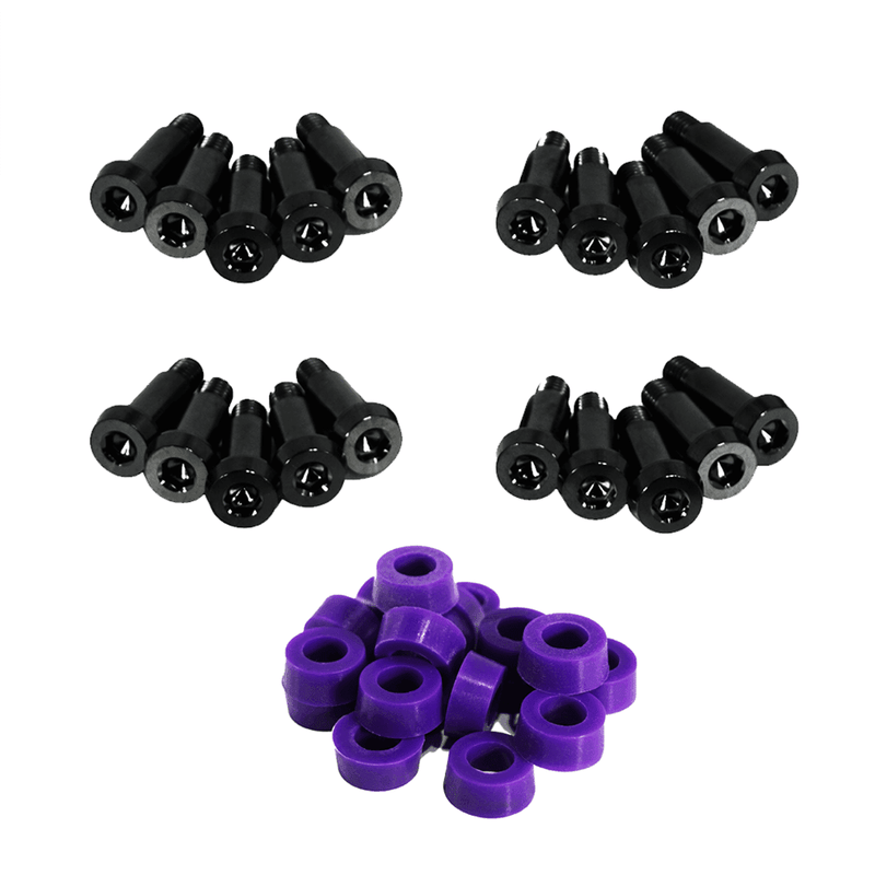 Load image into Gallery viewer, ZSPEC black titanium shoulder-bolt timing cover fastener kit for 1984-89 Nissan 300ZX Z31 with purple spacers.