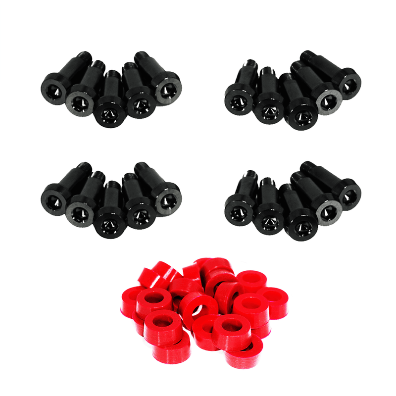 Load image into Gallery viewer, ZSPEC titanium shoulder-bolt timing cover fastener kit for '84-'89 Nissan 300ZX Z31 with black bolts and red washers.