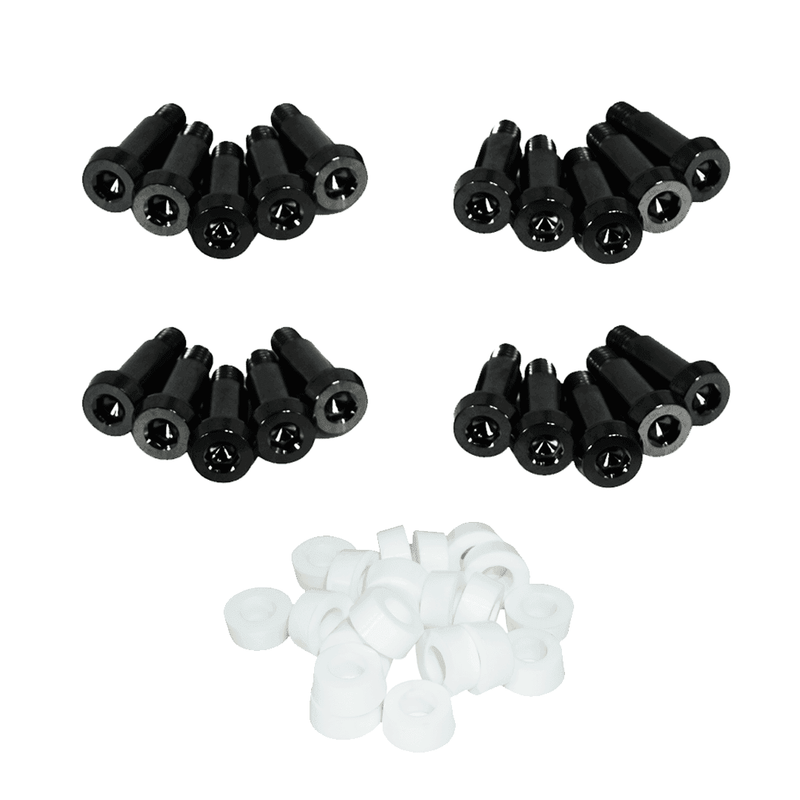 Load image into Gallery viewer, ZSPEC titanium shoulder-bolt timing cover fastener kit for '84-89 Nissan 300ZX (Z31) with black bolts and white washers.