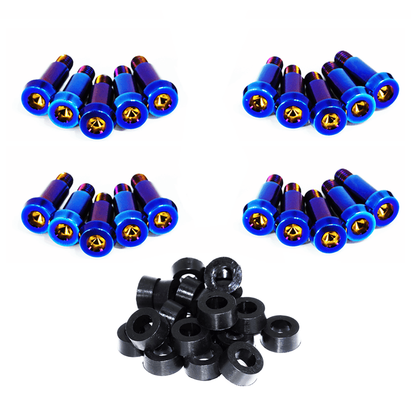 Load image into Gallery viewer, ZSPEC blue titanium shoulder-bolt timing cover fastener kit with black washers for '84-89 Nissan 300ZX (Z31).