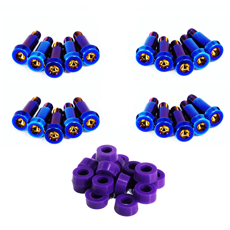 Load image into Gallery viewer, ZSPEC titanium timing cover shoulder-bolt kit for '84-89 Nissan 300ZX Z31. Includes purple bushings and blue bolts.