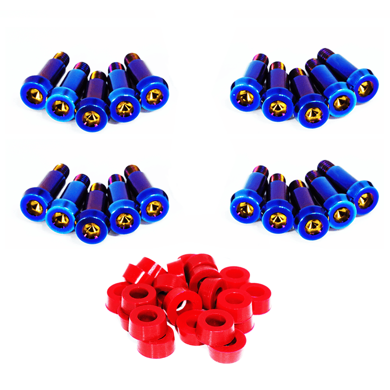 Load image into Gallery viewer, ZSPEC titanium shoulder-bolt timing cover fastener kit for '84-89 Nissan 300ZX Z31, with blue bolts and red washers.