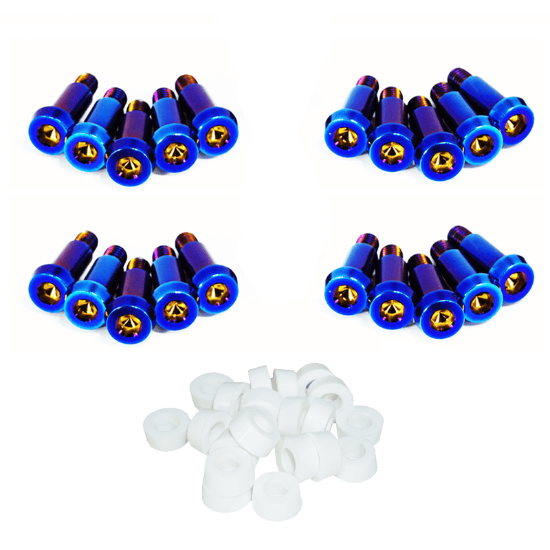 Load image into Gallery viewer, ZSPEC titanium shoulder-bolt timing cover fastener kit for Nissan 300ZX Z31. Includes blue bolts and white spacers.
