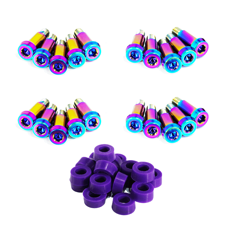 Load image into Gallery viewer, ZSPEC titanium shoulder-bolt timing cover fastener kit for 84-89 Nissan 300ZX Z31, featuring iridescent bolts and washers.