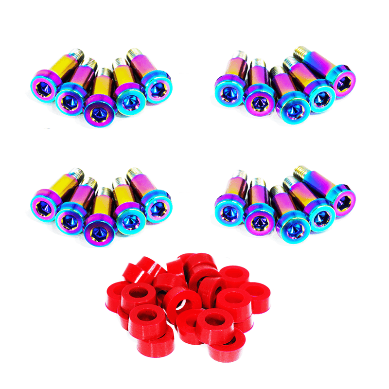 Load image into Gallery viewer, ZSPEC titanium timing cover fastener kit for '84-89 Nissan 300ZX (Z31) with blue-gold bolts and red washers.
