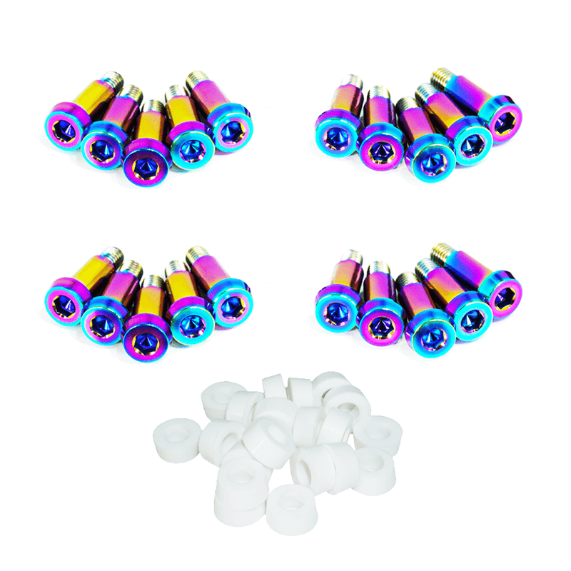 Load image into Gallery viewer, ZSPEC titanium shoulder-bolt timing cover fastener kit for '84-89 Nissan 300zx Z31 with iridescent finish and spacers.