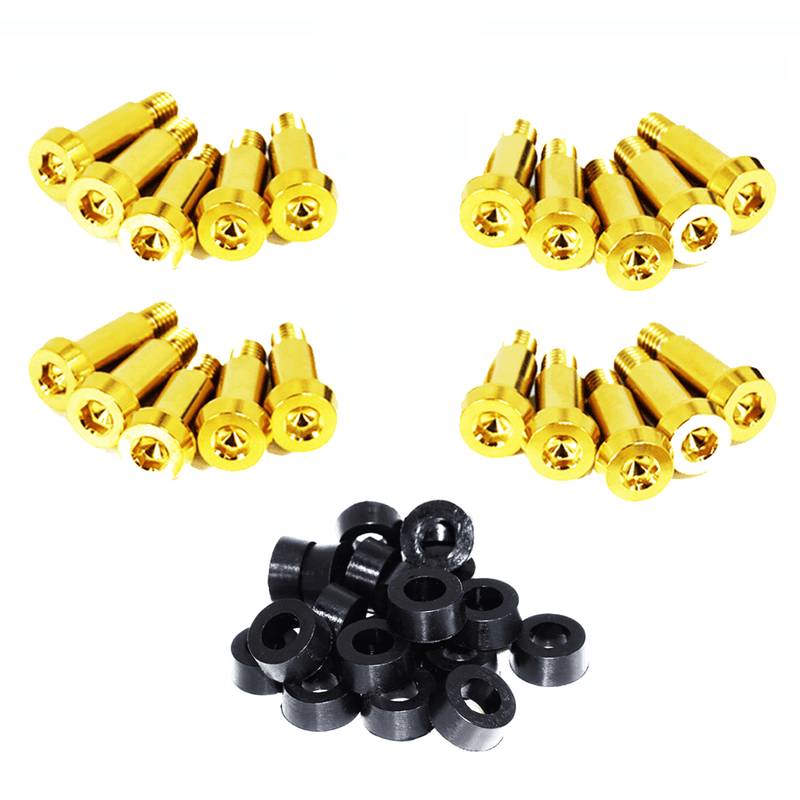 Load image into Gallery viewer, ZSPEC gold titanium timing cover shoulder-bolt kit for '84-89 Nissan 300ZX Z31, includes black spacers.