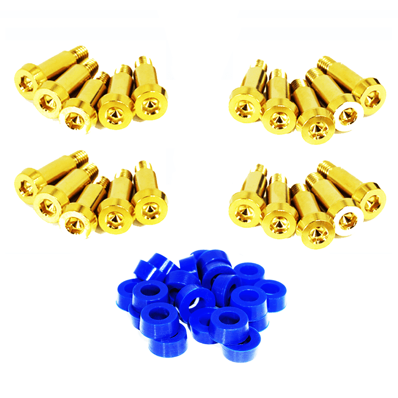 Load image into Gallery viewer, ZSPEC titanium shoulder-bolt timing cover fastener kit for '84-89 Nissan 300ZX Z31 with gold bolts and blue washers.