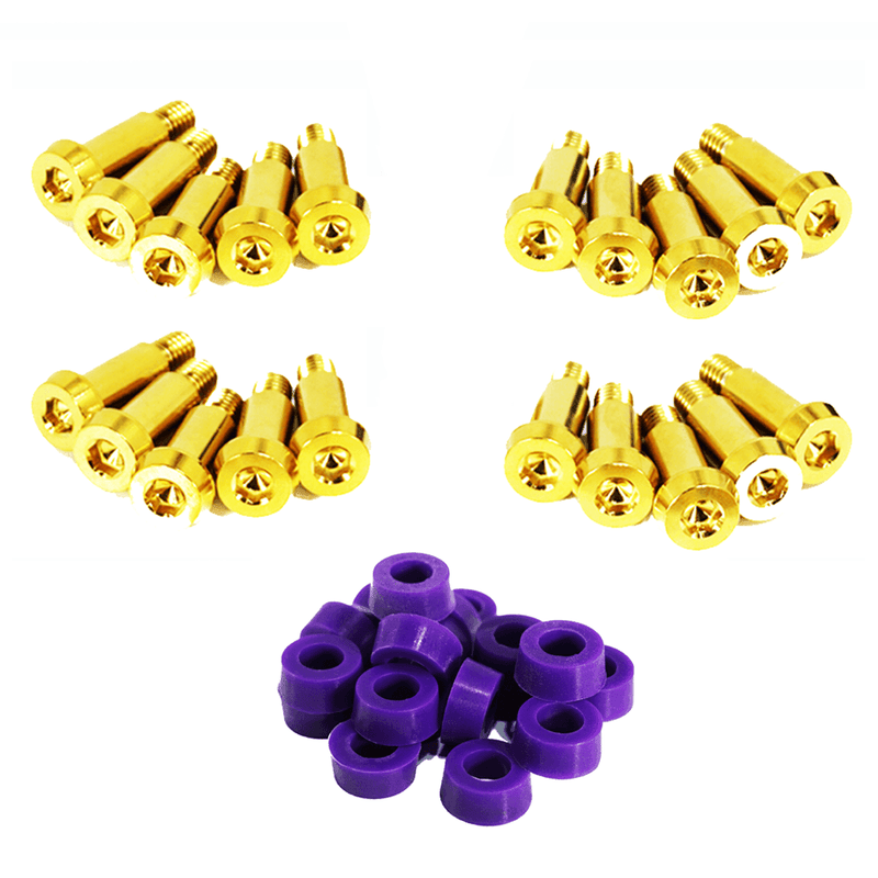 Load image into Gallery viewer, ZSPEC gold titanium timing cover shoulder-bolt kit with purple bushings for '84-89 Nissan 300ZX Z31.