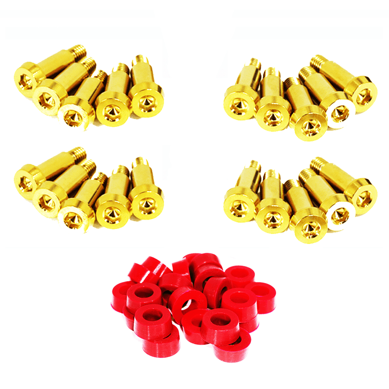 Load image into Gallery viewer, ZSPEC titanium shoulder-bolt timing cover fastener kit for Nissan 300ZX Z31. Includes gold bolts and red washers.