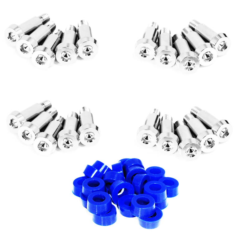 Load image into Gallery viewer, ZSPEC titanium timing cover shoulder-bolt fastener kit for '84-89 Nissan 300zx Z31 with blue washers.